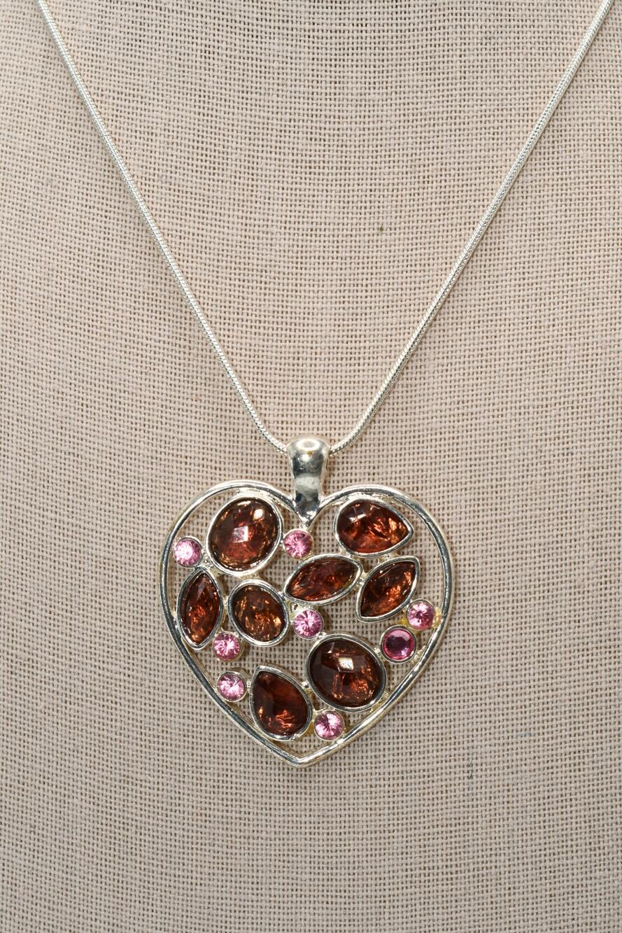 Vintage Rhinestone Heart Necklace Pink Rose Stones Silver Tone 18 Inch